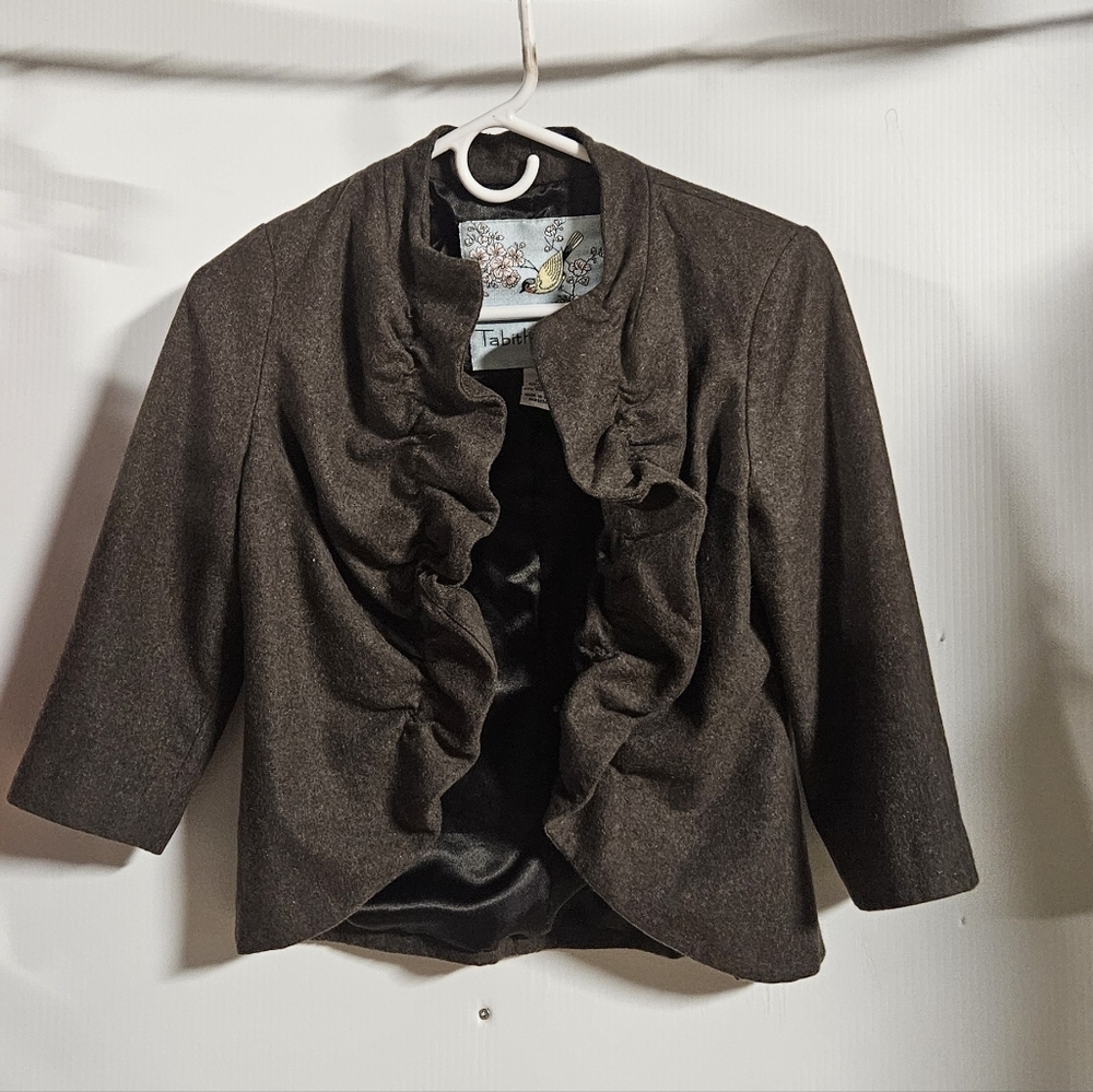 Anthropologie Tabitha Ruffled Brown Wool Blazer , Size 4